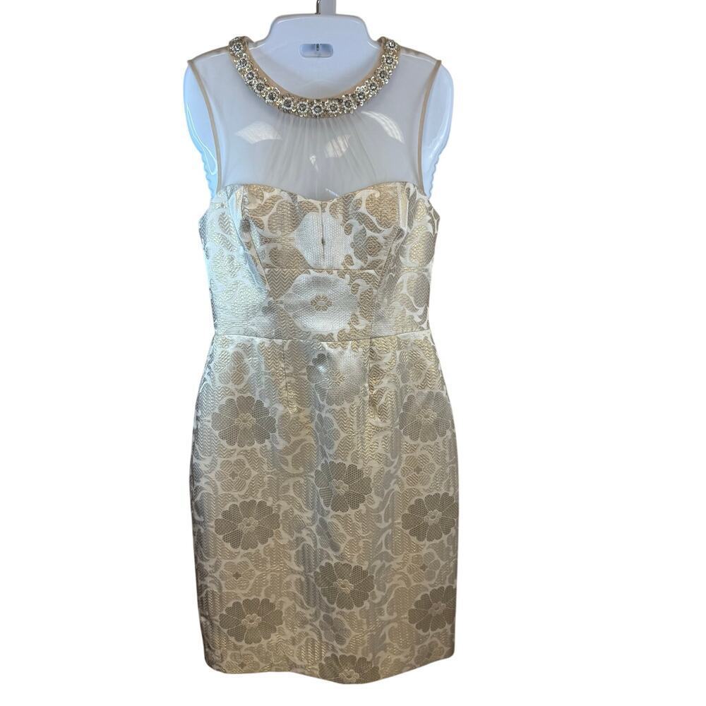 New MAGGY LONDON Starry Night Metallic Jacquard Sheath Dress Beaded Collar SZ 4‎